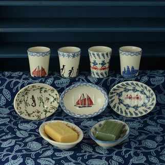 Brixton Pottery Bathroom Beaker, Soap Dish, Sailing Boat, Penguin